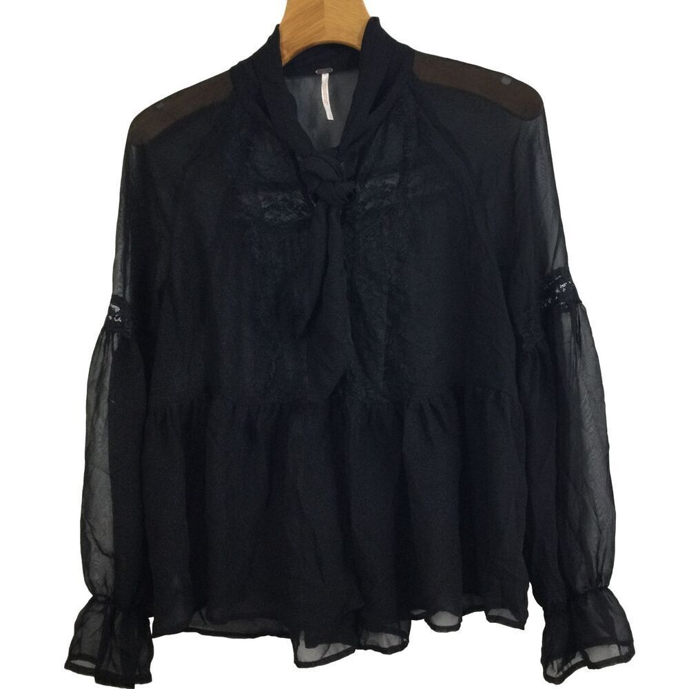 Free People Women Sheer Lace Detail Long Sleeve Tie Neck Blouse Top Black Small